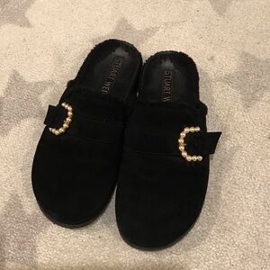 Stuart Weitzman Winter Black Slipper with Pearl Accent